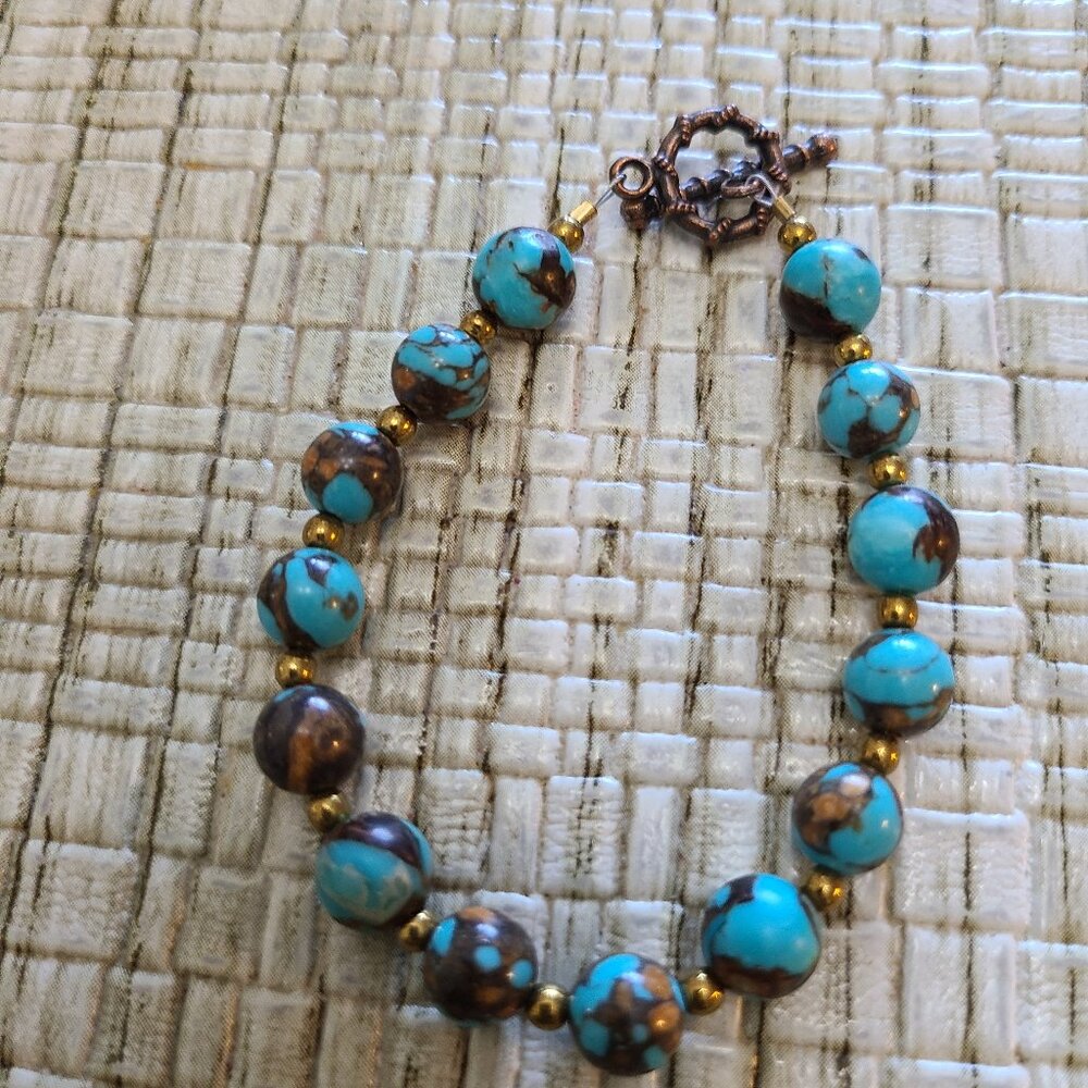 Turquoise Bronzite Beaded Bracelet 7 Inches